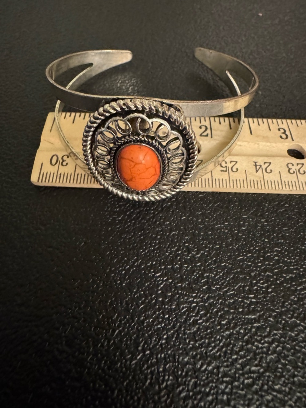 Silver-Tone Cuff Bracelet with Orange Stone Accent